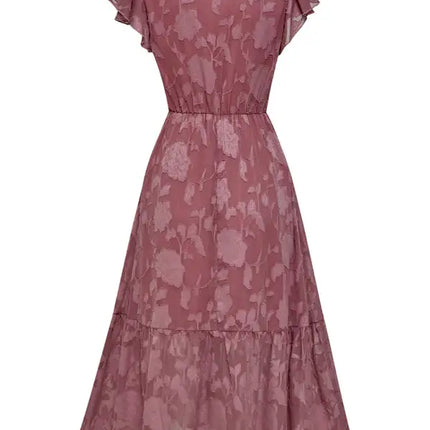 Women's Solid Color Elegance Floral Flutter Sleeves Midi Faux Wrap Dress