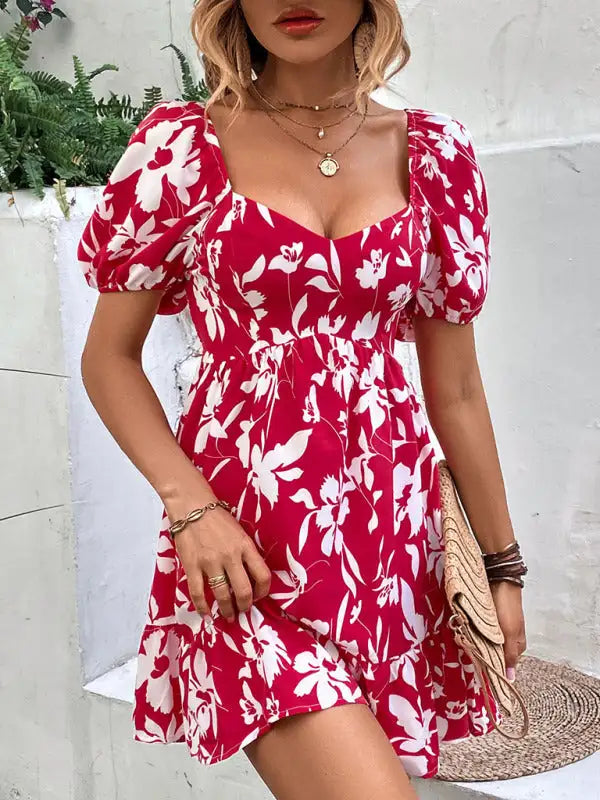 Women's Woven French Vintage Sweetheart Neck Print Dress