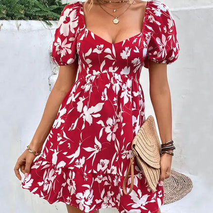 Women's Woven French Vintage Sweetheart Neck Print Dress