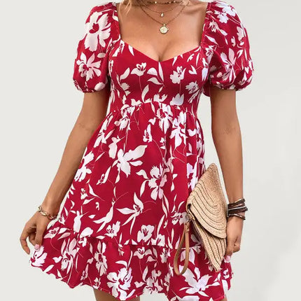 Women's Woven French Vintage Sweetheart Neck Print Dress