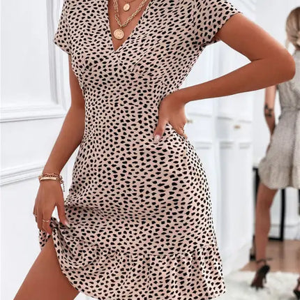 Women's Woven V Neck Short Sleeve Printed Dress