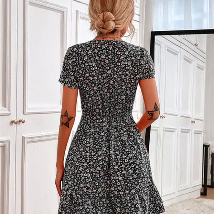 Women's Woven V Neck Short Sleeve Printed Dress