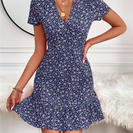Women's Woven V Neck Short Sleeve Printed Dress