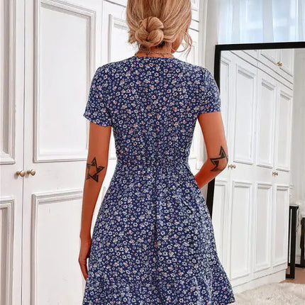 Women's Woven V Neck Short Sleeve Printed Dress