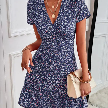Women's Woven V Neck Short Sleeve Printed Dress