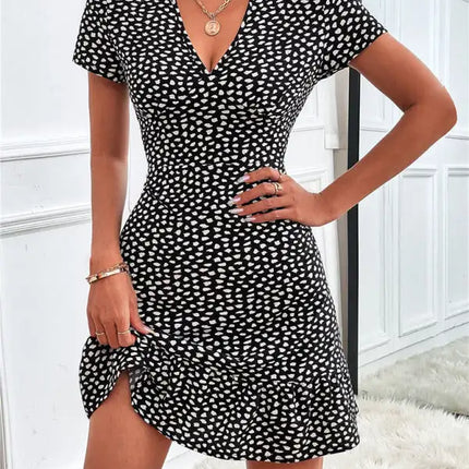 Women's Woven V Neck Short Sleeve Printed Dress