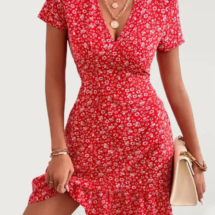 Women's Woven V Neck Short Sleeve Printed Dress