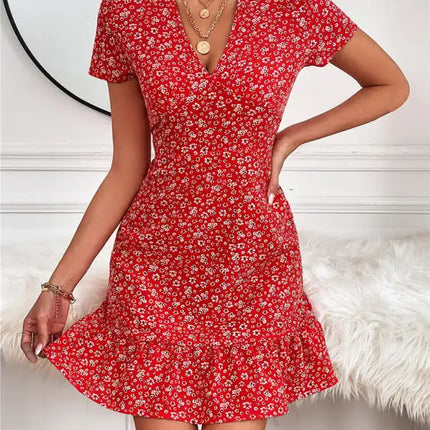 Women's Woven V Neck Short Sleeve Printed Dress