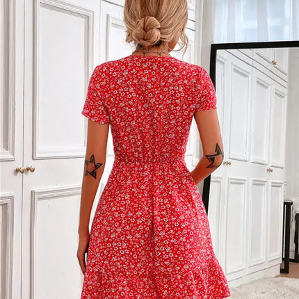 Women's Woven V Neck Short Sleeve Printed Dress