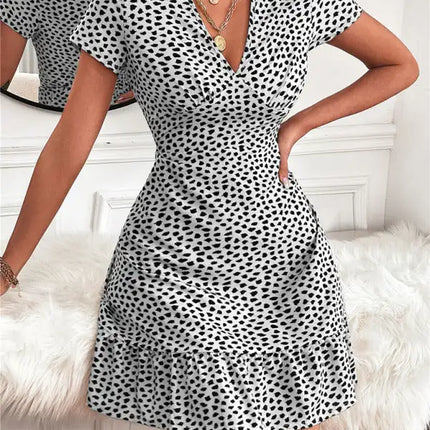 Women's Woven V Neck Short Sleeve Printed Dress
