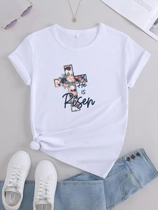 Camiseta cruzada de Pascua con estampado gráfico floral para mujer 