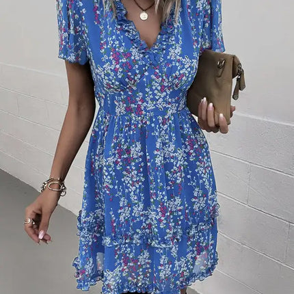 Minivestido cruzado sintético con mangas acampanadas y estampado floral para mujer 