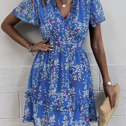 Minivestido cruzado sintético con mangas acampanadas y estampado floral para mujer 