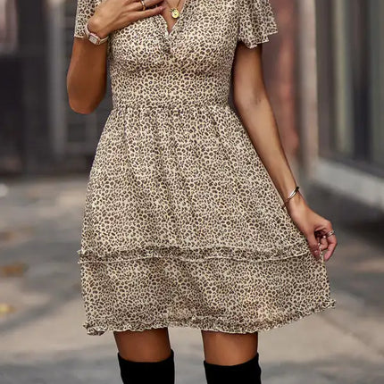 Minivestido cruzado sintético con mangas acampanadas y estampado floral para mujer 