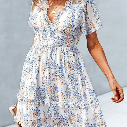 Minivestido cruzado sintético con mangas acampanadas y estampado floral para mujer 