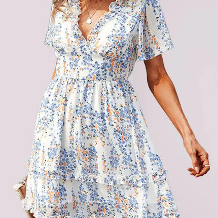 Minivestido cruzado sintético con mangas acampanadas y estampado floral para mujer 