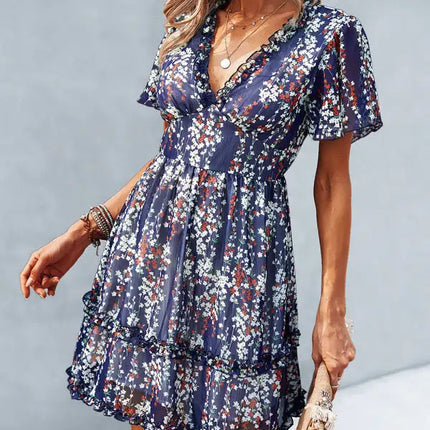 Minivestido cruzado sintético con mangas acampanadas y estampado floral para mujer 