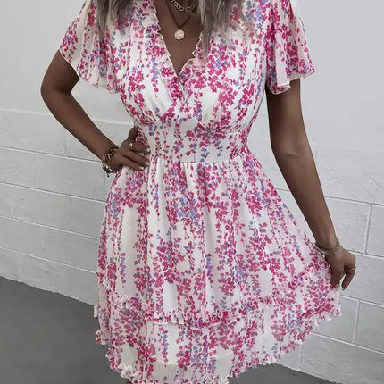 Minivestido cruzado sintético con mangas acampanadas y estampado floral para mujer 