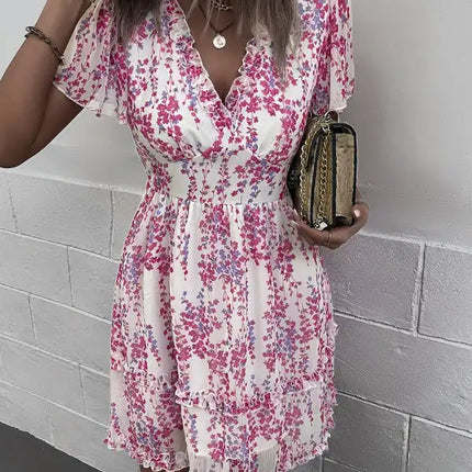 Minivestido cruzado sintético con mangas acampanadas y estampado floral para mujer 