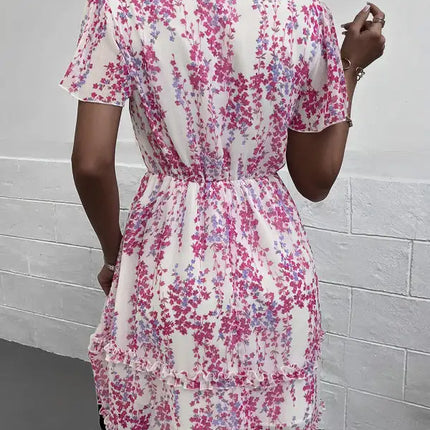 Minivestido cruzado sintético con mangas acampanadas y estampado floral para mujer 