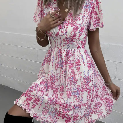 Minivestido cruzado sintético con mangas acampanadas y estampado floral para mujer 