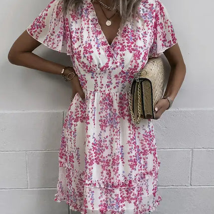 Minivestido cruzado sintético con mangas acampanadas y estampado floral para mujer 