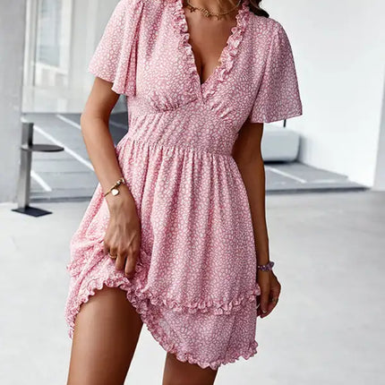 Minivestido cruzado sintético con mangas acampanadas y estampado floral para mujer 