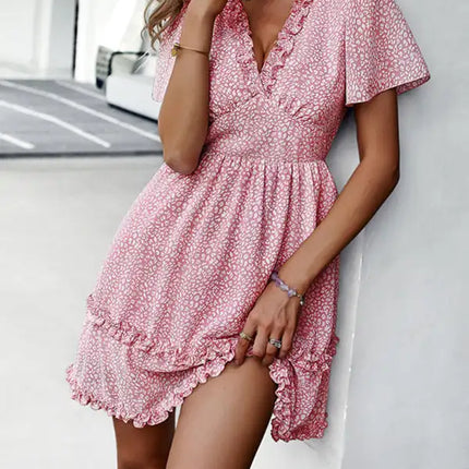 Minivestido cruzado sintético con mangas acampanadas y estampado floral para mujer 