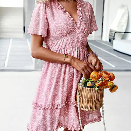 Minivestido cruzado sintético con mangas acampanadas y estampado floral para mujer 