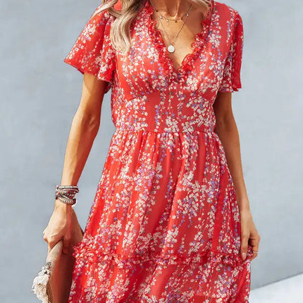 Minivestido cruzado sintético con mangas acampanadas y estampado floral para mujer 