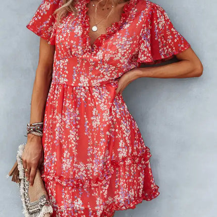 Minivestido cruzado sintético con mangas acampanadas y estampado floral para mujer 