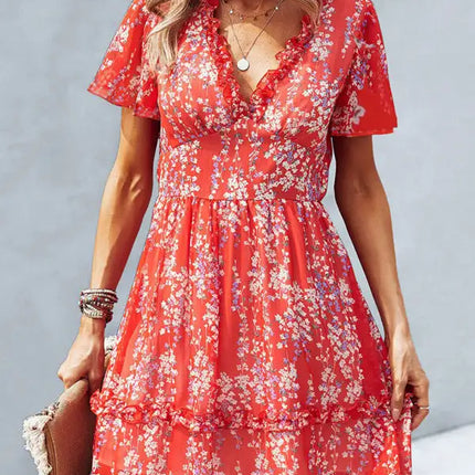 Minivestido cruzado sintético con mangas acampanadas y estampado floral para mujer 