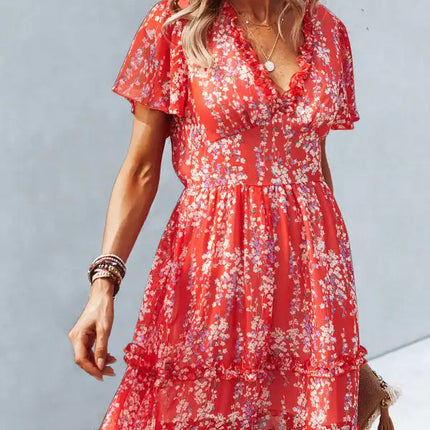 Minivestido cruzado sintético con mangas acampanadas y estampado floral para mujer 