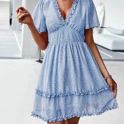 Minivestido cruzado sintético con mangas acampanadas y estampado floral para mujer 