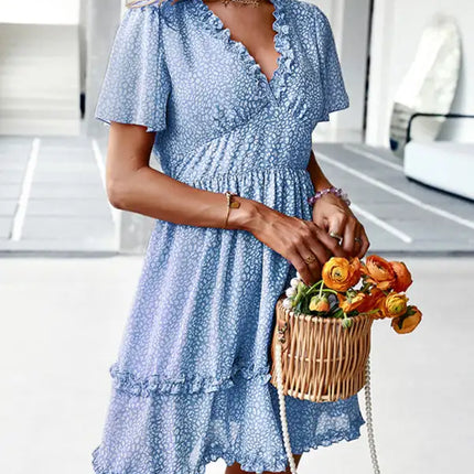 Minivestido cruzado sintético con mangas acampanadas y estampado floral para mujer 