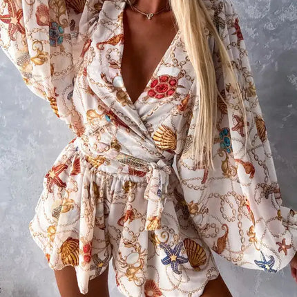 Women's Tropical Print Faux Wrap Puff Sleeve Romper