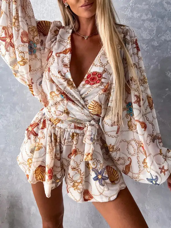 Women's Tropical Print Faux Wrap Puff Sleeve Romper