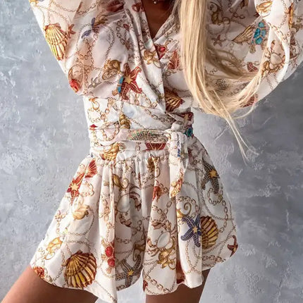 Women's Tropical Print Faux Wrap Puff Sleeve Romper