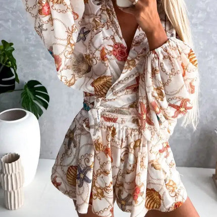 Women's Tropical Print Faux Wrap Puff Sleeve Romper