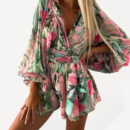 Women's Tropical Print Faux Wrap Puff Sleeve Romper