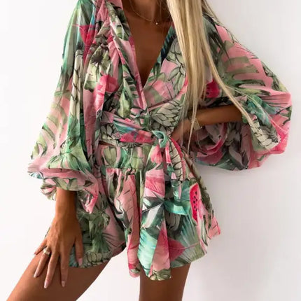 Women's Tropical Print Faux Wrap Puff Sleeve Romper