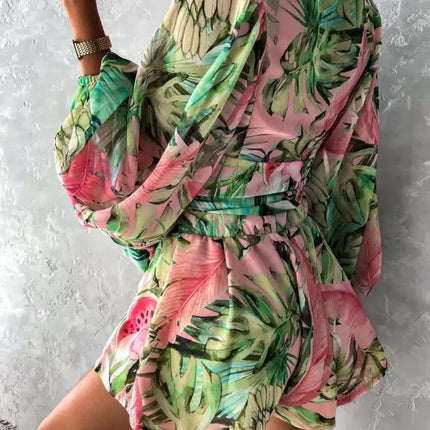 Women's Tropical Print Faux Wrap Puff Sleeve Romper