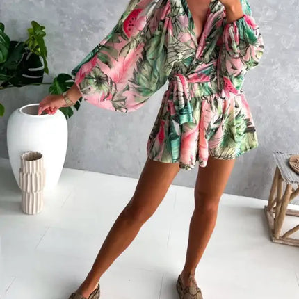 Women's Tropical Print Faux Wrap Puff Sleeve Romper
