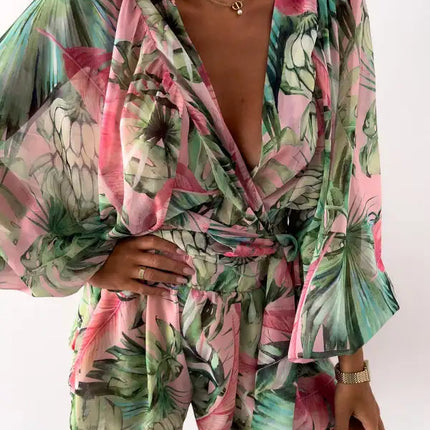 Women's Tropical Print Faux Wrap Puff Sleeve Romper