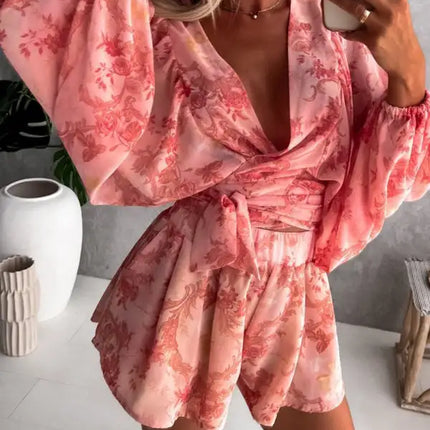 Women's Tropical Print Faux Wrap Puff Sleeve Romper