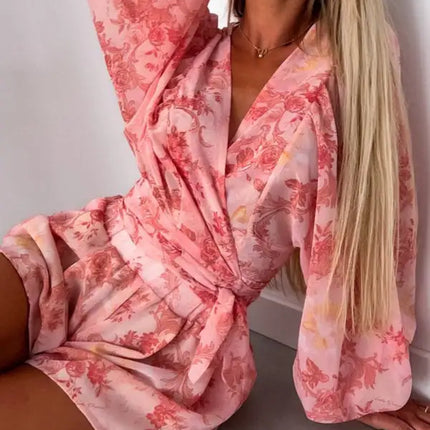 Women's Tropical Print Faux Wrap Puff Sleeve Romper