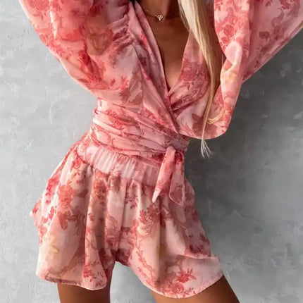 Women's Tropical Print Faux Wrap Puff Sleeve Romper