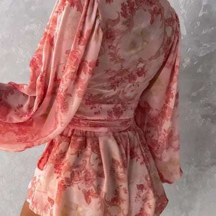 Women's Tropical Print Faux Wrap Puff Sleeve Romper