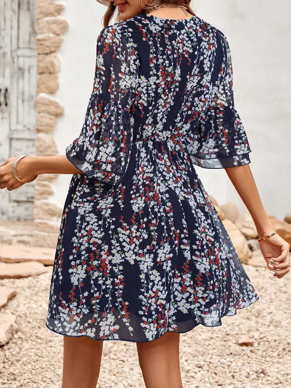 Women's Floral Print Short Sleeve Ruffle Trim Minidress