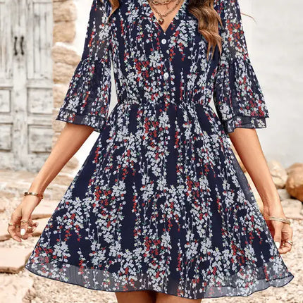 Women's Floral Print Short Sleeve Ruffle Trim Minidress